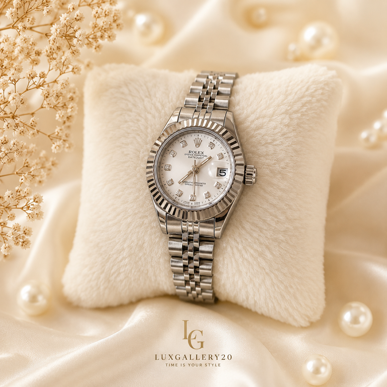ساعت مچی زنانه رولکس صفحه سفید نگین‌دار بند استیل نقره‌ای مدل Datejust